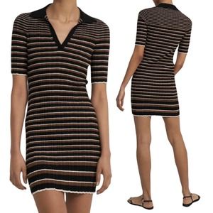 Theory Ribbed Knit Mini Dress Polo Striped Black Brown Stretchy Womens Small